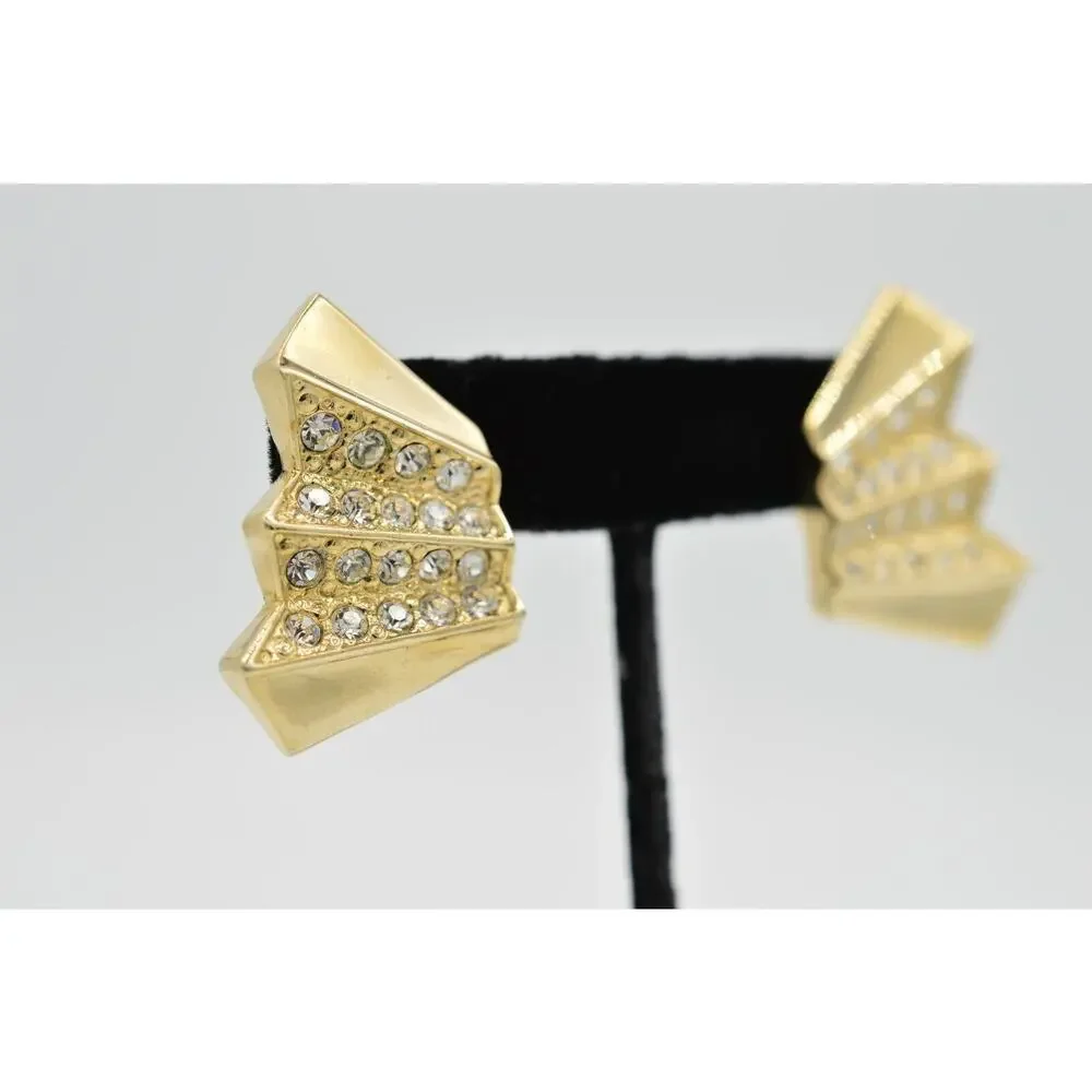 Vintage Crystal Clip On Earrings Gold Tone Sparkling Rhinestone NOS 1980s 9L